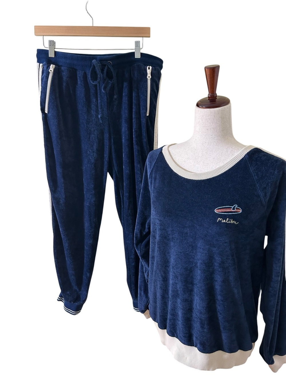 FAHERTY Richie Velour Tracksuit Navy Cream Womens L Malibu 2 Piece Set Retro